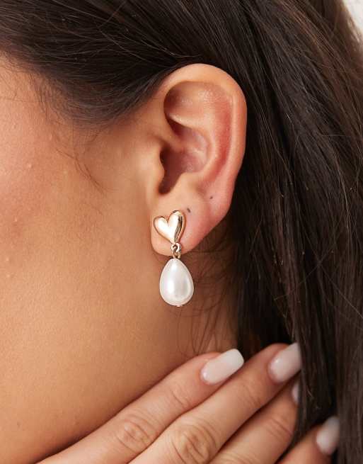 ASOS DESIGN Earrings With Mini Heart And Faux Pearl Drop Design On Gold Tone