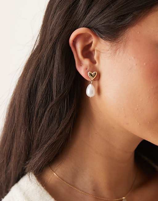 ASOS DESIGN earrings with mini heart and faux pearl drop design on gold tone