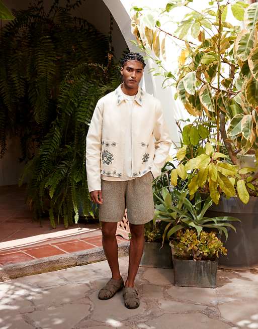 ASOS DESIGN Embroidered Harrington Jacket In Ecru