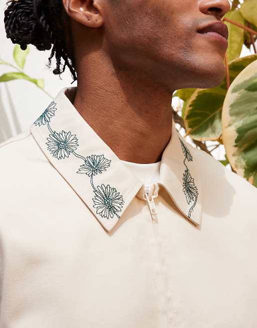 ASOS DESIGN Embroidered Harrington Jacket In Ecru
