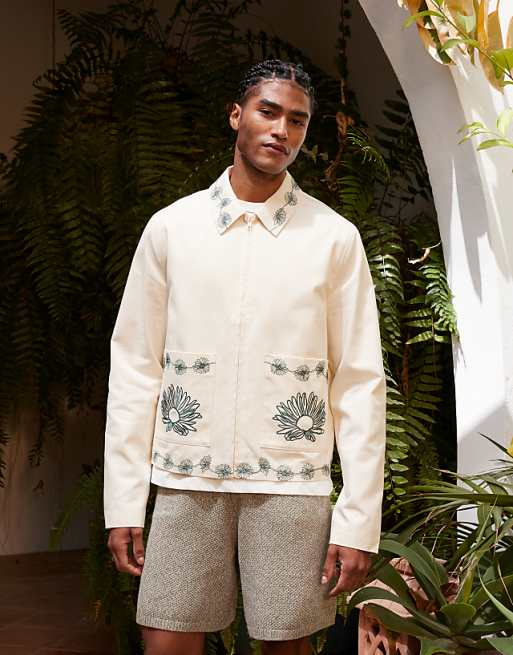 ASOS DESIGN Embroidered Harrington Jacket In Ecru