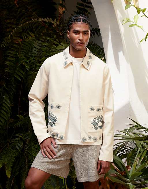 ASOS DESIGN embroidered harrington jacket in ecru