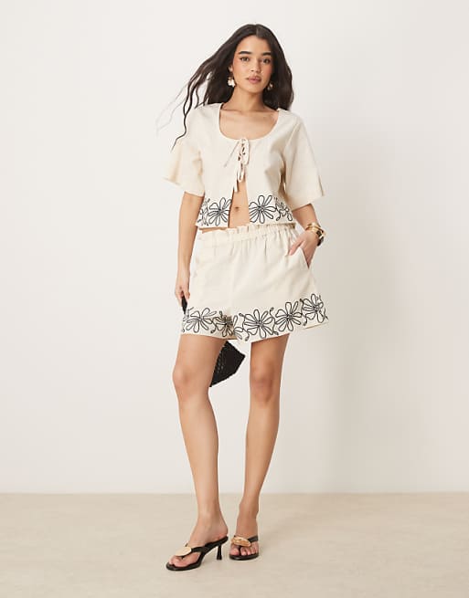 ASOS DESIGN embroidered tie top and hem shorts co-ord in natural