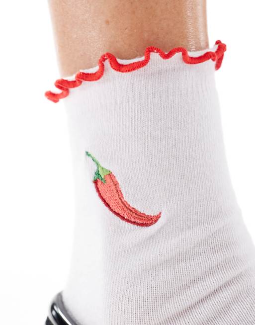 ASOS DESIGN Embroidery Chilli Sock With Frill Top In White