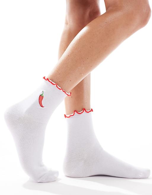 ASOS DESIGN embroidery chilli sock with frill top in white
