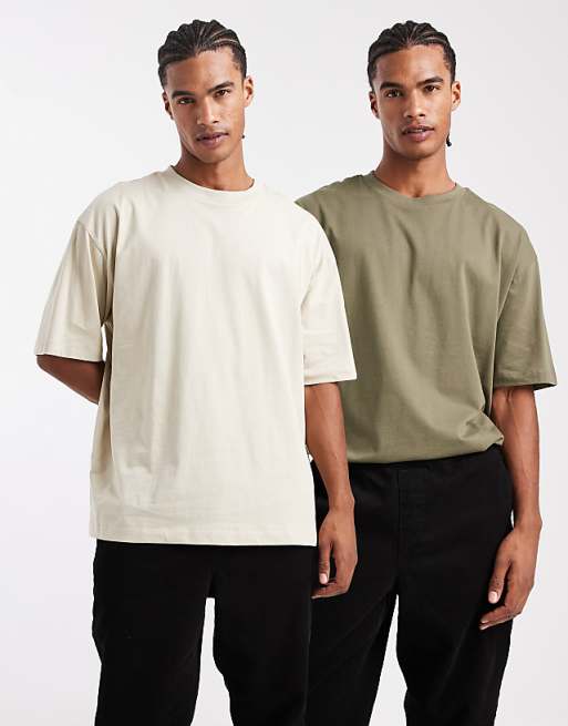 ASOS DESIGN Essentials 2 pack oversized t-shirts in stone and khaki
