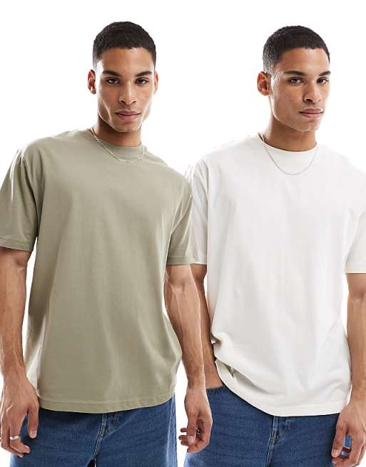 ASOS DESIGN Essentials 2 pack relaxed t-shirt in cream & khaki