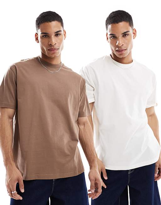 ASOS DESIGN Essentials 2 pack relaxed t-shirt in stone and cream