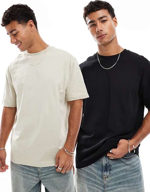 ASOS DESIGN Essentials 2 pack relaxed t-shirts in black & stone