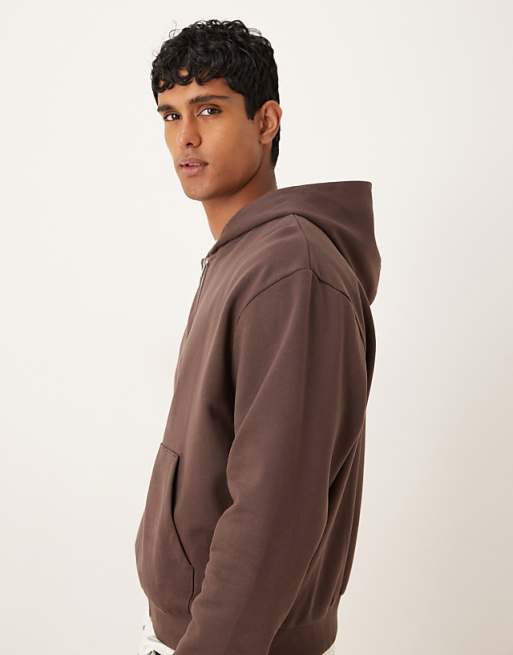 ASOS DESIGN Essentials Boxy Relaxed Zip Through Hoodie In Brown