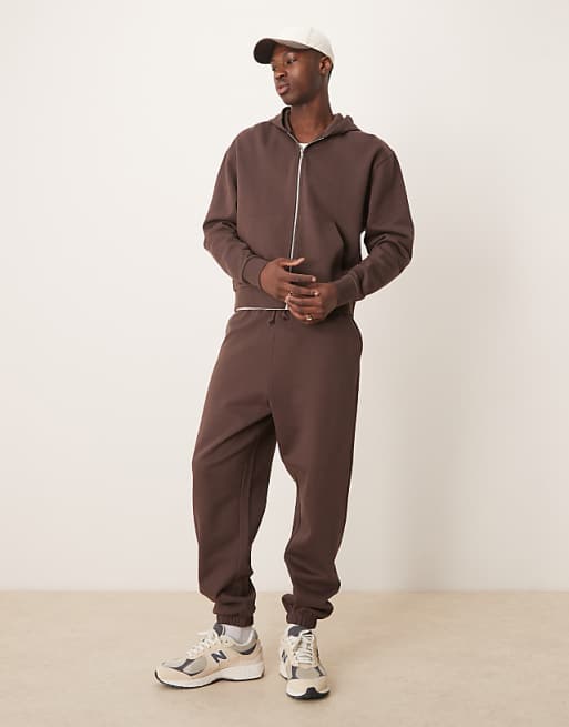 ASOS DESIGN Essentials Boxy Relaxed Zip Through Hoodie In Brown