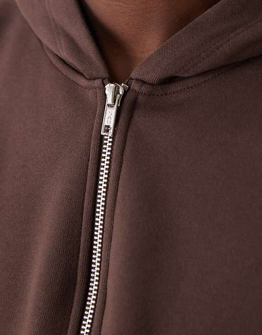ASOS DESIGN Essentials Boxy Relaxed Zip Through Hoodie In Brown