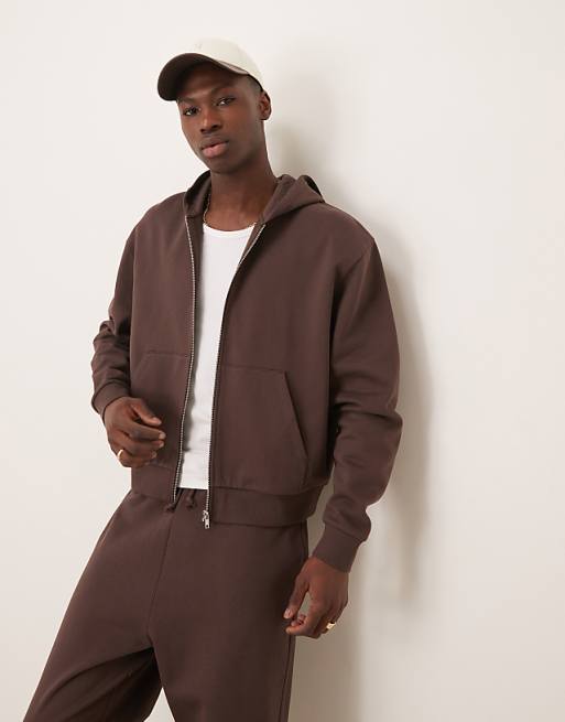ASOS DESIGN essentials boxy relaxed zip through hoodie in brown