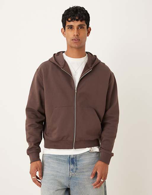 ASOS DESIGN essentials boxy relaxed zip through hoodie in brown