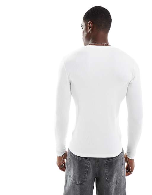 ASOS DESIGN Essentials Muscle Fit Long Sleeve T-shirt In White Rib