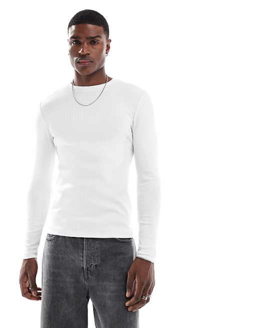 ASOS DESIGN Essentials muscle fit long sleeve t-shirt in white rib
