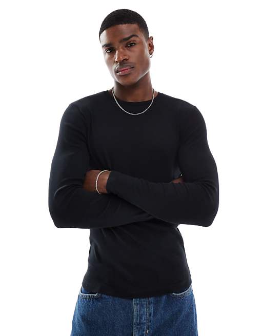 ASOS DESIGN Essentials muscle fit long sleeve t-shirt in black rib