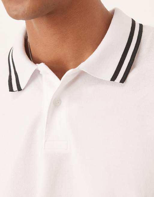 ASOS DESIGN Essentials Polo With Black Tipping In White Pique