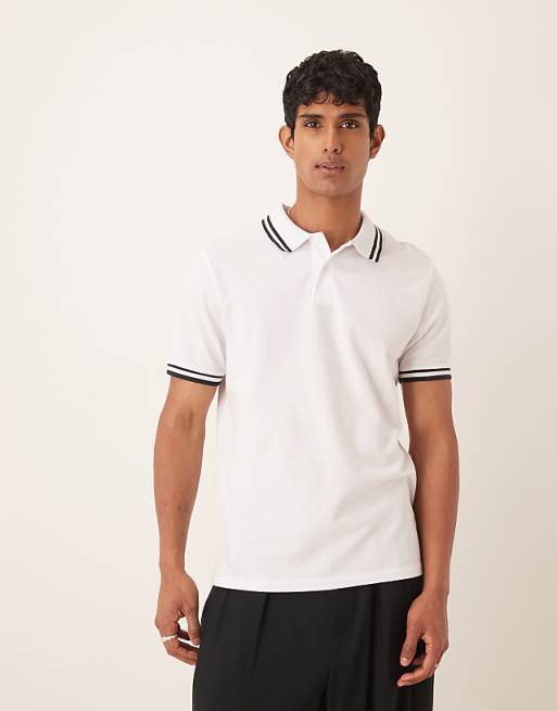 ASOS DESIGN Essentials Polo with black tipping in white pique