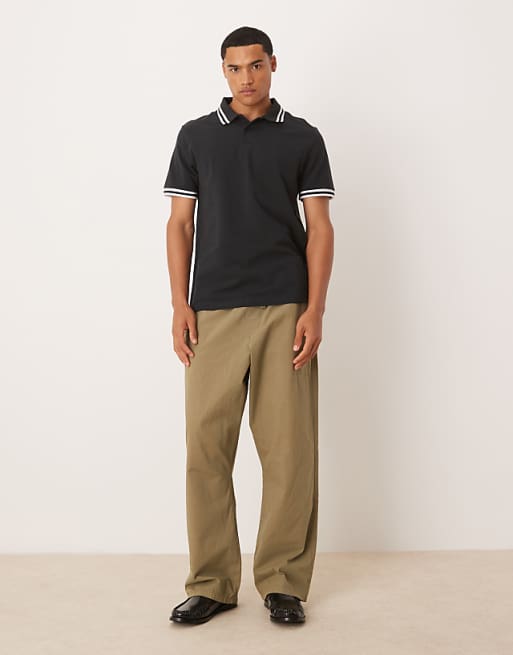 ASOS DESIGN Essentials Polo With White Tipping In Black Pique