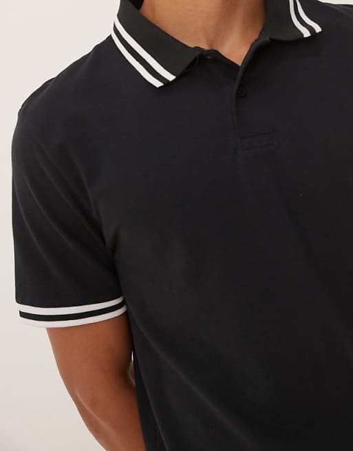ASOS DESIGN Essentials Polo With White Tipping In Black Pique
