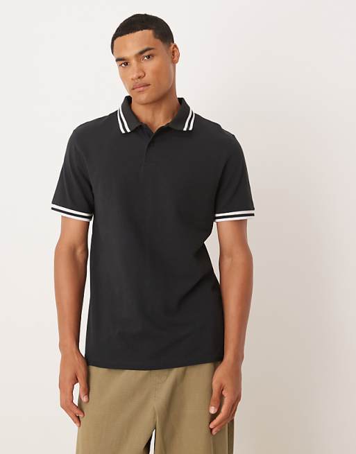 ASOS DESIGN Essentials Polo with white tipping in black pique