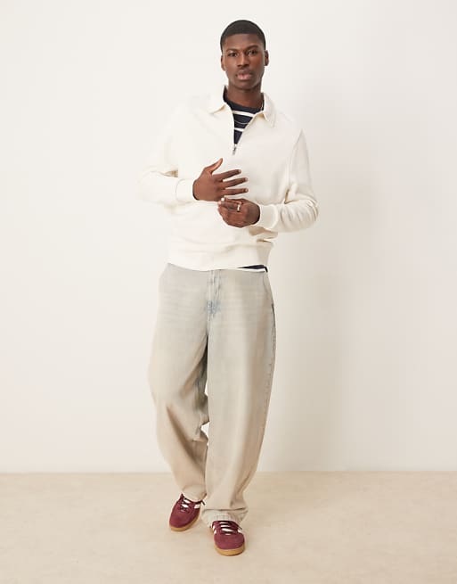 ASOS DESIGN Essentials Quarter Zip Sweatshirt With Collar In Beige - BEIGE