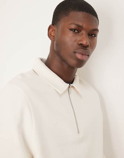 ASOS DESIGN Essentials Quarter Zip Sweatshirt With Collar In Beige - BEIGE