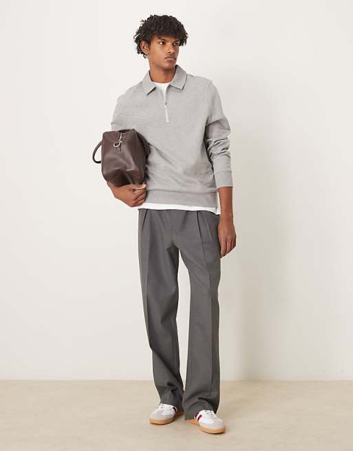 ASOS DESIGN Essentials Quarter Zip Sweatshirt With Collar In Grey Marl
