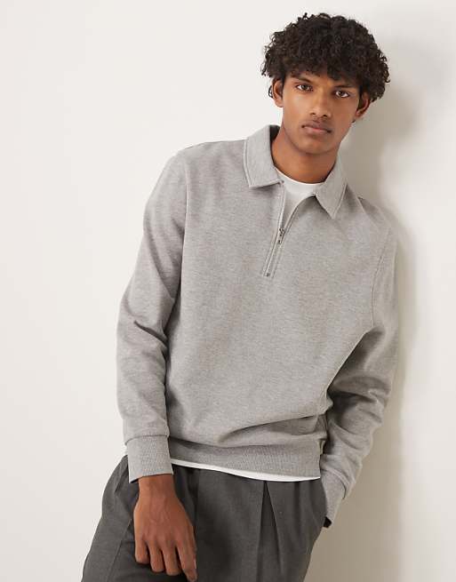 ASOS DESIGN essentials quarter zip sweatshirt with collar in grey marl