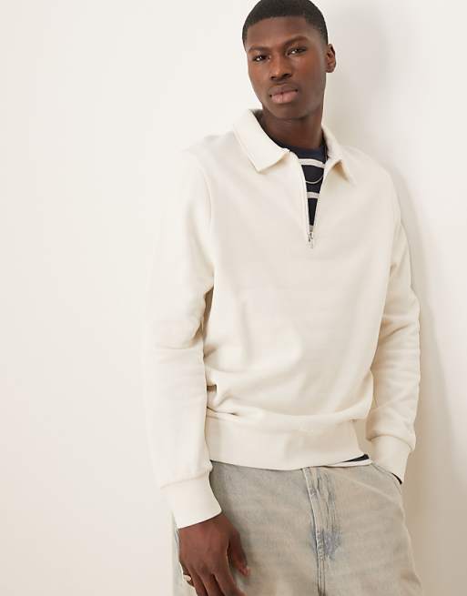 ASOS DESIGN essentials quarter zip sweatshirt with collar in beige - BEIGE