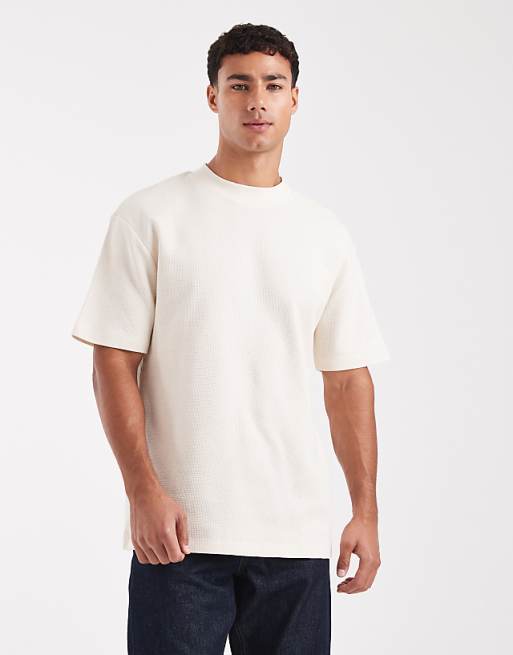 ASOS DESIGN Essentials relaxed t-shirt with high neck in cream waffle