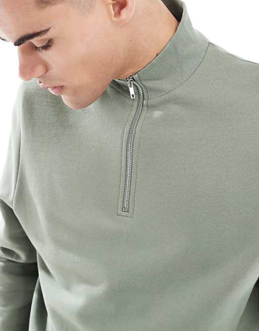 ASOS DESIGN Essentials Sweatshirt With Quarter Zip In Mid Green