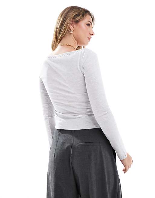 ASOS DESIGN Extreme Boat Neck Long Sleeve Top With Studding In Grey Marl