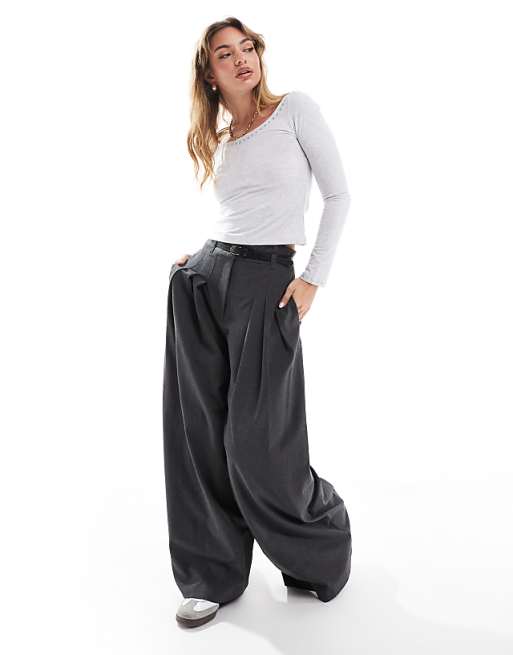 ASOS DESIGN Extreme Boat Neck Long Sleeve Top With Studding In Grey Marl