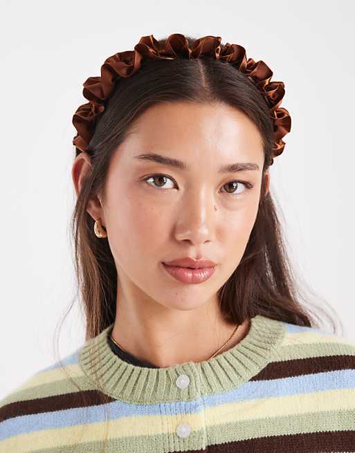 ASOS DESIGN fabric headband with scrunch detailing in chocolate brown
