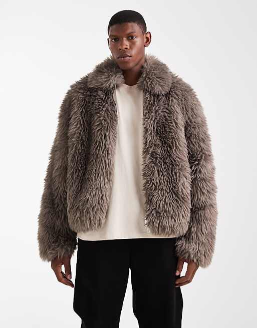 ASOS DESIGN faux fur harrington jacket in brown