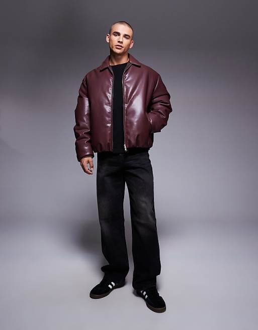 ASOS DESIGN Faux Leather Bomber Jacket In Burgundy
