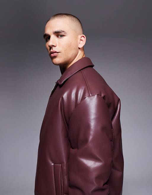 ASOS DESIGN Faux Leather Bomber Jacket In Burgundy