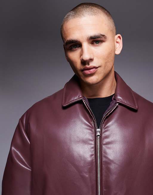 ASOS DESIGN Faux Leather Bomber Jacket In Burgundy