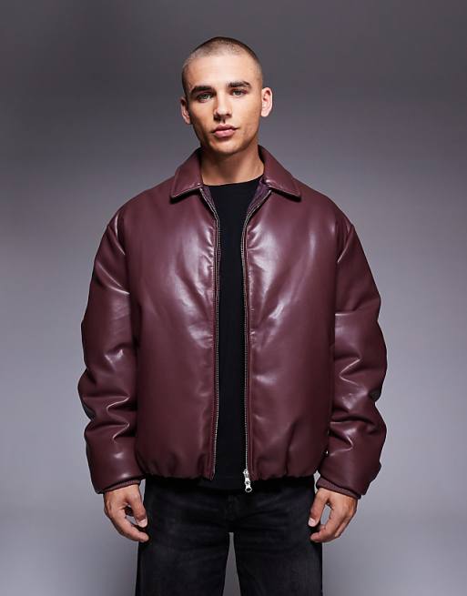 ASOS DESIGN faux leather bomber jacket in burgundy