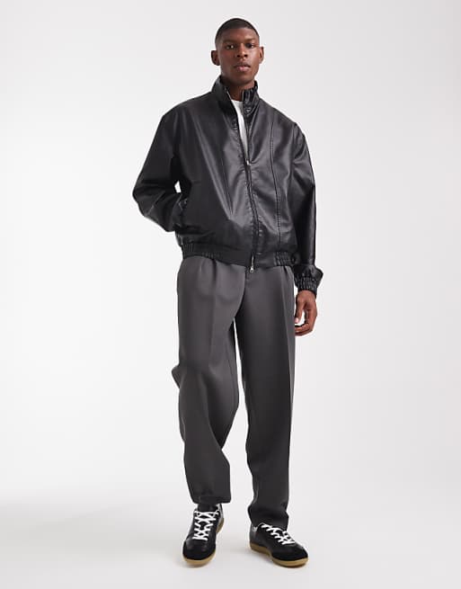 ASOS DESIGN Faux Leather Bomber Jacket In Washed Black