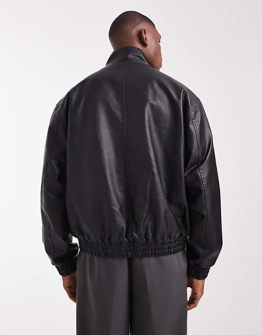 ASOS DESIGN Faux Leather Bomber Jacket In Washed Black