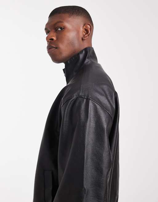 ASOS DESIGN Faux Leather Bomber Jacket In Washed Black