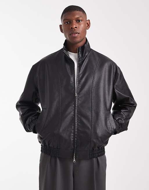 ASOS DESIGN faux leather bomber jacket in washed black