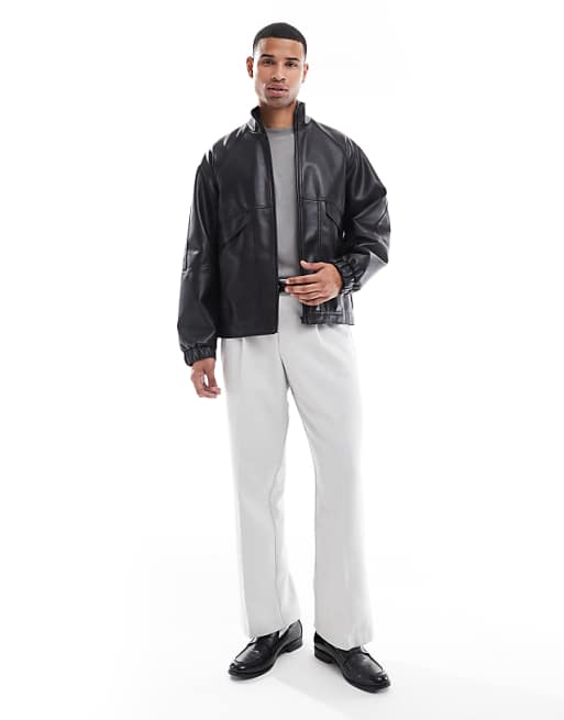 ASOS DESIGN Faux Leather Bomber Jacket With Funnel Neck In Black