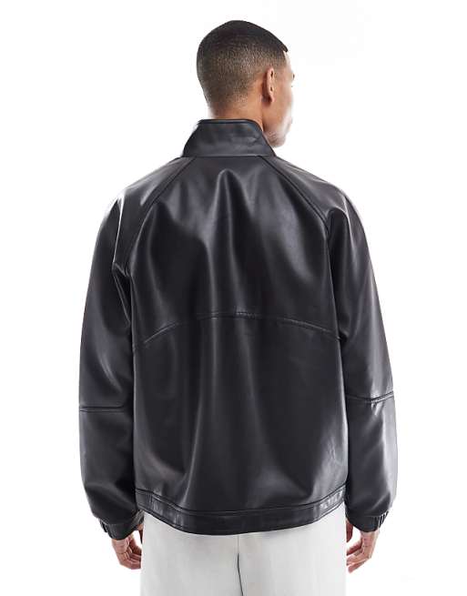 ASOS DESIGN Faux Leather Bomber Jacket With Funnel Neck In Black