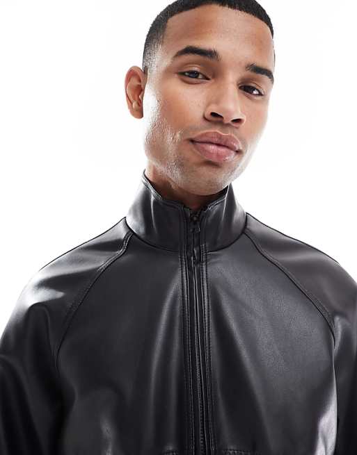 ASOS DESIGN Faux Leather Bomber Jacket With Funnel Neck In Black