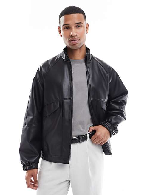 ASOS DESIGN faux leather bomber jacket with funnel neck in black