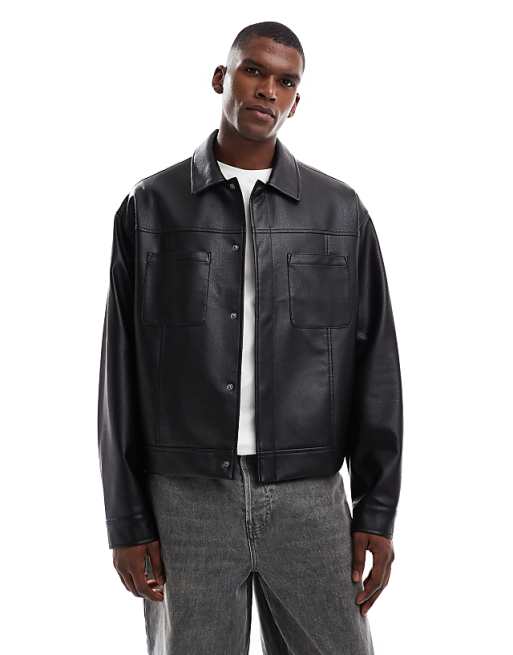 ASOS DESIGN faux leather harrington jacket in black